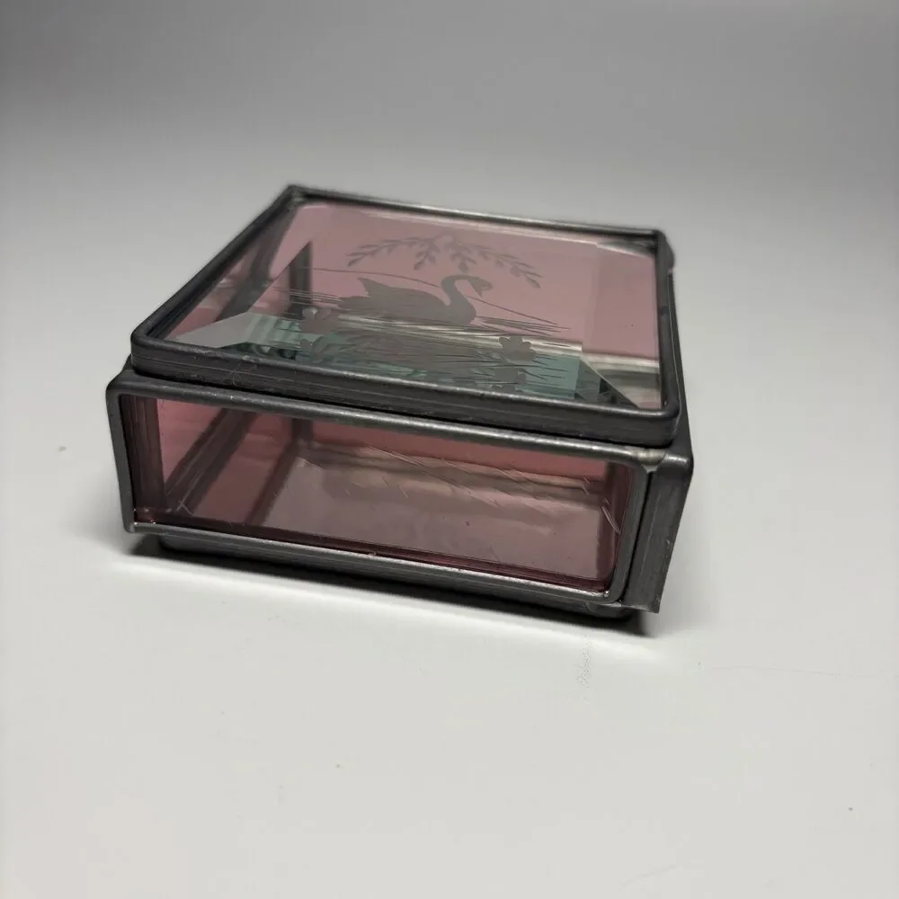 Vintage Beveled Glass Trinket Jewelry Box Etched Swan Mirrored Pink